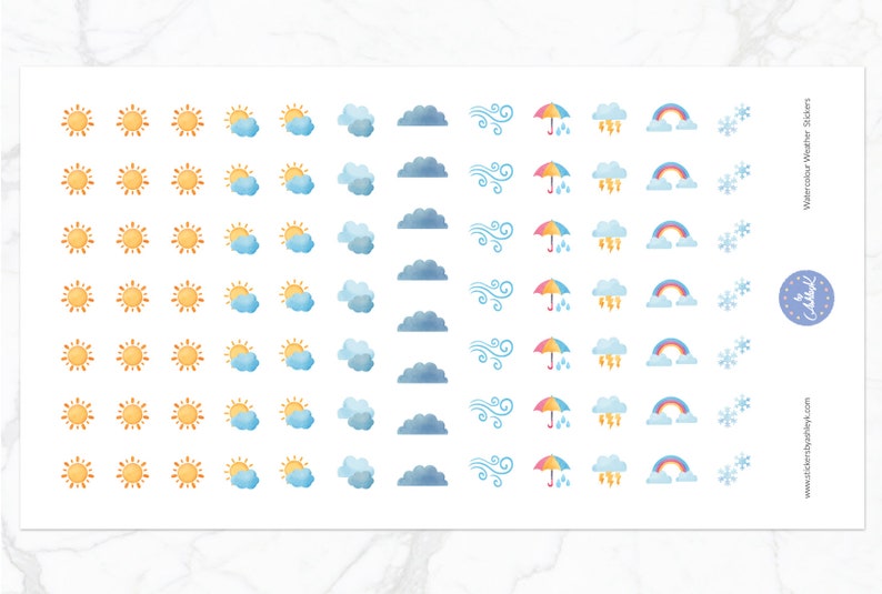K&ouml;nnte beinhalten: Eine Blatt mit bunten Wetteraufklebern mit verschiedenen Wetter-Icons, darunter Sonne, Wolken, Regen, Wind, Blitz, Regenbogen und Schneeflocken. Die Aufkleber sind mit "Watercolor Weather Stickers" beschriftet.