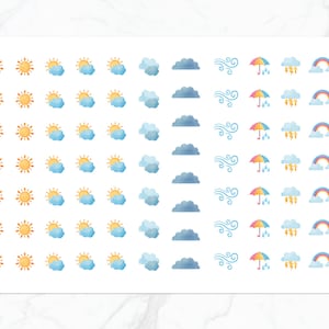 K&ouml;nnte beinhalten: Eine Blatt mit bunten Aquarell-Wetteraufklebern. Die Aufkleber zeigen verschiedene Wettersymbole, darunter Sonne, Wolken, Regen, Wind, Blitz und Regenbogen. Die Aufkleber sind perfekt, um Planern, Tageb&uuml;chern und anderen Papierarbeiten einen Hauch von Verspieltheit zu verleihen.