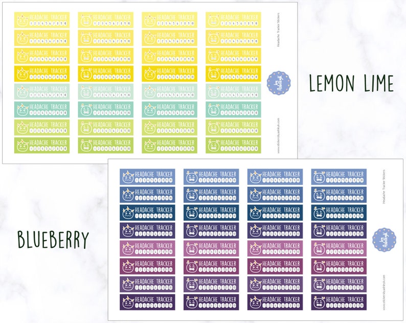 K&ouml;nnte beinhalten: Ein Blatt bedruckbarer Aufkleber mit einem Kopfschmerz-Tracker-Design. Die Aufkleber sind in drei Farbschemata erh&auml;ltlich: Zitronen-Limette, Blaubeere und eine Mischung aus Blau und Lila. Jeder Aufkleber hat ein Comic-Katzen-Gesicht und den Text "HEADACHE TRACKER" mit einer Reihe von 10 Kreisen zum Verfolgen.