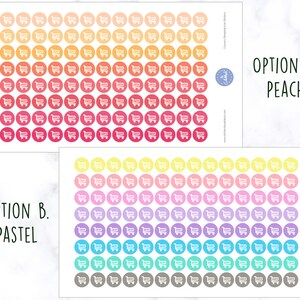 May include: Two sheets of sticker paper with a variety of shopping cart stickers. The first sheet has a gradient of peach, orange, and red stickers. The second sheet has a gradient of yellow, pink, purple, blue, and gray stickers. The text "OPTION A. PEACH" is on the first sheet and "OPTION B. PASTEL" is on the second sheet.