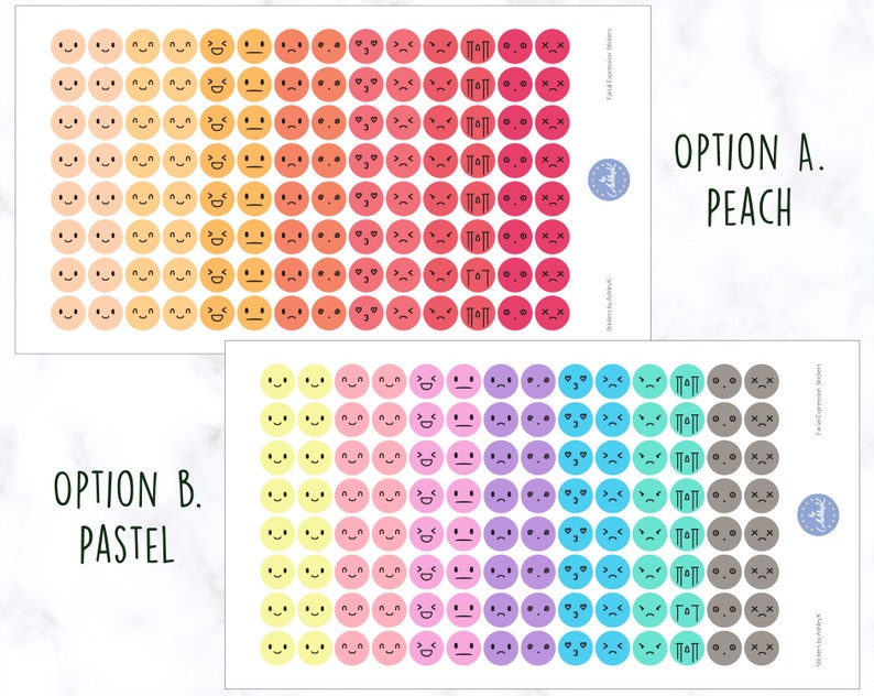 Puede incluir: Dos hojas de papel de pegatinas con diferentes esquemas de colores. La hoja superior tiene pegatinas de color melocot&oacute;n, naranja y rojo con diversas expresiones faciales. La hoja inferior tiene pegatinas de color amarillo pastel, rosa, morado, azul y gris con diversas expresiones faciales. El texto "OPTION A. PEACH" est&aacute; en la hoja superior y "OPTION B. PASTEL" est&aacute; en la hoja inferior.