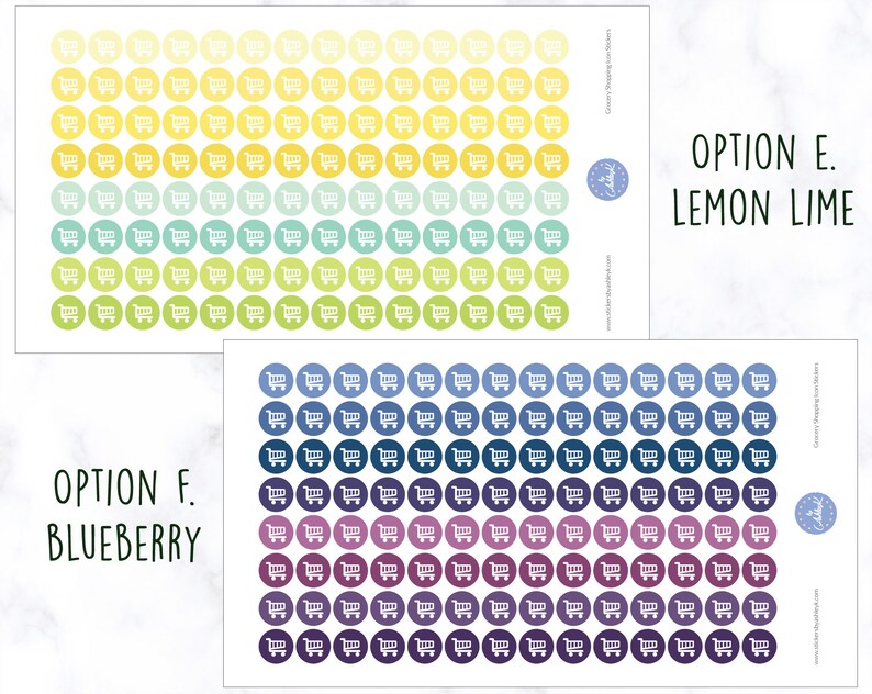 May include: Two sheets of sticker paper with 100 shopping cart stickers each. The first sheet has a gradient of yellow, green, and blue. The second sheet has a gradient of blue, purple, and gray. The text "OPTION E. LEMON LIME" is printed on the first sheet and "OPTION F. BLUEBERRY" is printed on the second sheet.