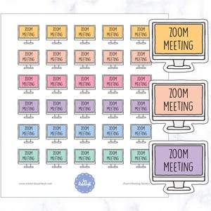 Op de afbeelding: Een vel met kleurrijke stickers met een computerscherm met de tekst "Zoom Meeting" in verschillende kleuren. De stickers zijn perfect voor planners, dagboeken en laptops.