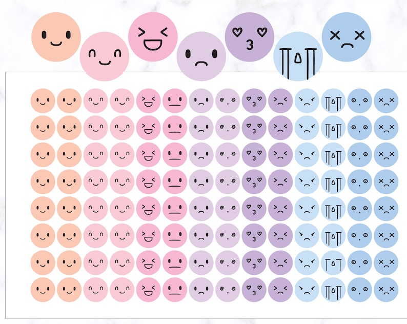 Puede incluir: Una hoja de pegatinas coloridas con varias caras de emoji, incluyendo caras felices, tristes, sorprendidas y corazones. Las pegatinas son en tonos de rosa, azul y morado.