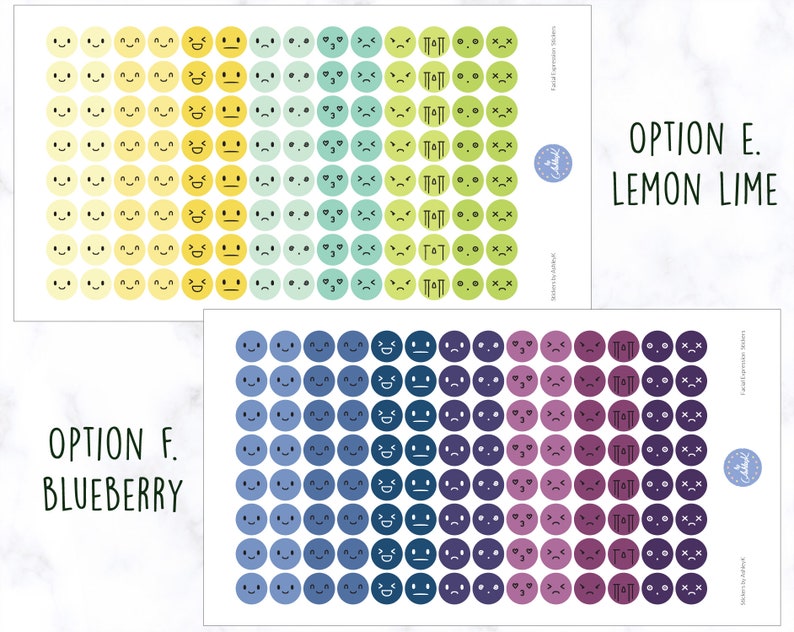 Puede incluir: Dos hojas de pegatinas de emoji de colores. La hoja superior presenta emojis amarillos, verdes y azules con diferentes expresiones. La hoja inferior presenta emojis azules y morados con diferentes expresiones. El texto "OPTION E. LEMON LIME" est&aacute; en el lado derecho de la hoja superior. El texto "OPTION F. BLUEBERRY" est&aacute; en el lado izquierdo de la hoja inferior.