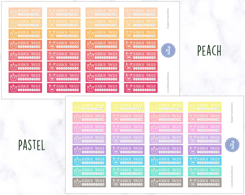 K&ouml;nnte beinhalten: Ein Set mit 24 bunten Kopfschmerz-Tracker-Aufklebern mit einem niedlichen Comic-Charakter. Die Aufkleber sind in zwei Farbschemata erh&auml;ltlich: Pastell und Pfirsich. Jeder Aufkleber hat einen Platz zum Verfolgen von Kopfschmerzen mit den Zahlen 0-9.