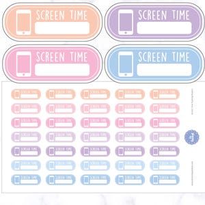 May include: A sheet of colorful stickers with the words "SCREEN TIME" and a smartphone icon. The stickers are in pastel colors: peach, lavender, pink, and blue. Each sticker has a space for writing.