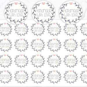 Niedliche Kranz Handmade with Love Aufkleber - 28 mm Durchmesser | Made with Love Aufkleber | Handmade Verpackung Label Aufkleber | Selbstgemachte Sticker