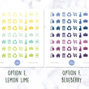 May include: Two sheets of stickers with household chore icons. The left sheet is a gradient of yellow, green, and blue. The right sheet is a gradient of blue, purple, and dark blue. Both sheets have the text "Housework Icon Stickers". The left sheet is labeled "OPTION E. LEMON LIME" and the right sheet is labeled "OPTION F. BLUEBERRY".