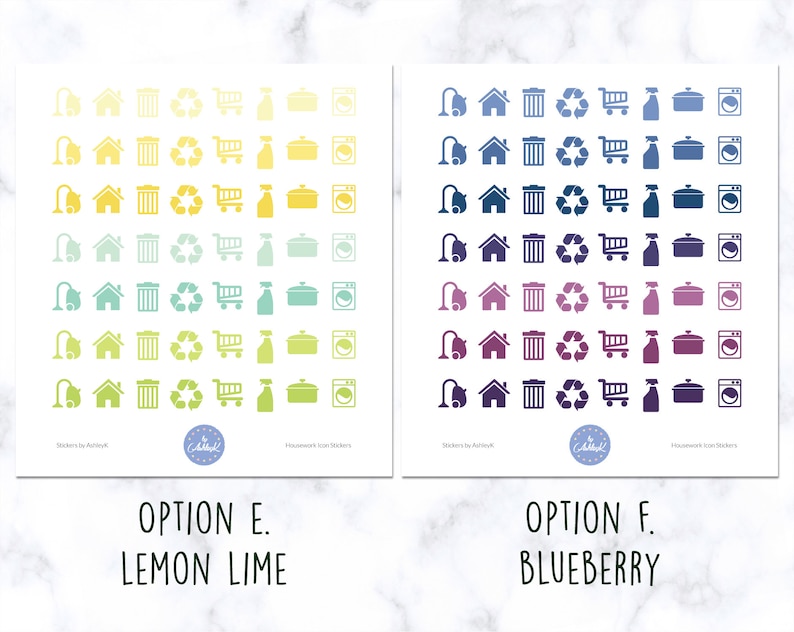 May include: Two sheets of stickers with household chore icons. The left sheet is a gradient of yellow, green, and blue. The right sheet is a gradient of blue, purple, and dark blue. Both sheets have the text "Housework Icon Stickers". The left sheet is labeled "OPTION E. LEMON LIME" and the right sheet is labeled "OPTION F. BLUEBERRY".