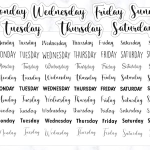 May include: A set of printable planner stickers featuring the days of the week in different styles. The stickers include the words "Monday", "Tuesday", "Wednesday", "Thursday", "Friday", "Saturday", and "Sunday" in both lowercase and uppercase letters.