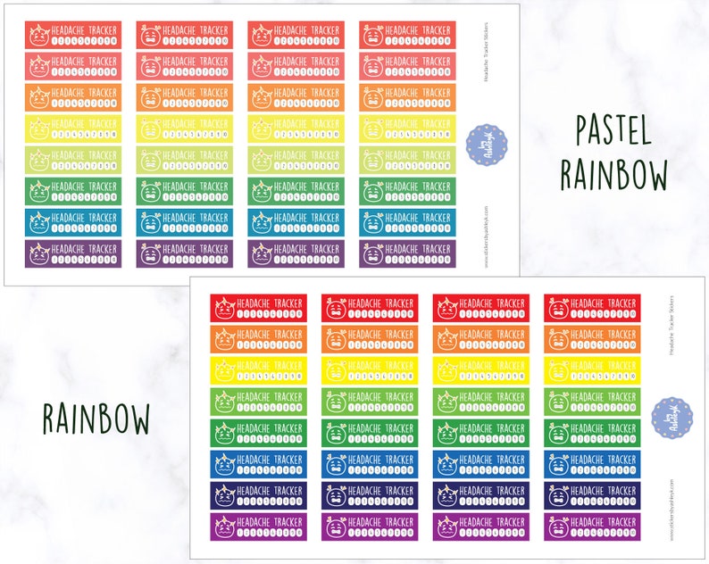 K&ouml;nnte beinhalten: Ein Satz bedruckbarer Aufkleber zur Verfolgung von Kopfschmerzen in einem Regenbogen-Farbschema. Die Aufkleber zeigen ein Cartoon-Gesicht mit einer Krone und den Text "HEADACHE TRACKER" sowie einen Platz zum Aufzeichnen von Kopfschmerz-Vorkommnissen.