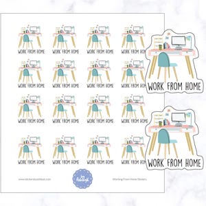 May include: A sheet of stickers featuring a cartoon illustration of a home office desk with a computer, lamp, and chair. The stickers are labelled "Work From Home".