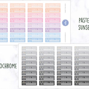 K&ouml;nnte beinhalten: Ein Set mit 24 pastellfarbenen und monochromen Aufklebern zum Verfolgen von Kopfschmerzen. Jeder Aufkleber zeigt eine Comic-Katze mit einer Krone und dem Text "HEADACHE TRACKER" mit einer Reihe von 10 Kreisen zum Verfolgen von Kopfschmerzen.