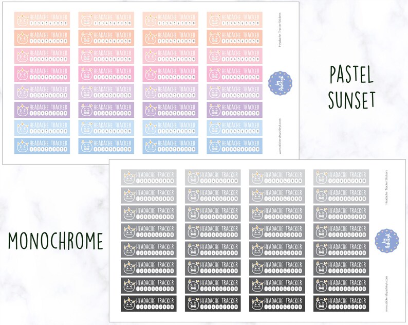 K&ouml;nnte beinhalten: Ein Set mit 24 pastellfarbenen und monochromen Aufklebern zum Verfolgen von Kopfschmerzen. Jeder Aufkleber zeigt eine Comic-Katze mit einer Krone und dem Text "HEADACHE TRACKER" mit einer Reihe von 10 Kreisen zum Verfolgen von Kopfschmerzen.