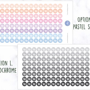 May include: Two sheets of sticker paper with shopping cart icons. The top sheet has pastel colored circles with white shopping cart icons. The bottom sheet has gray circles with white shopping cart icons. The text "OPTION K. PASTEL SUNSET" is on the top sheet and "OPTION L. MONOCHROME" is on the bottom sheet.
