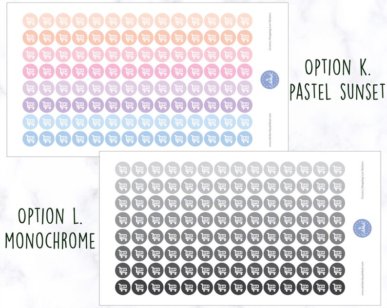 May include: Two sheets of sticker paper with shopping cart icons. The top sheet has pastel colored circles with white shopping cart icons. The bottom sheet has gray circles with white shopping cart icons. The text "OPTION K. PASTEL SUNSET" is on the top sheet and "OPTION L. MONOCHROME" is on the bottom sheet.