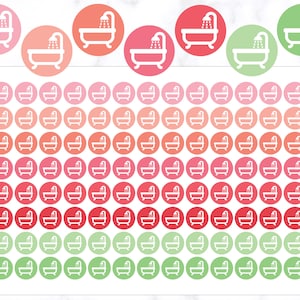 Peut inclure: Une feuille de 100 autocollants représentant une baignoire blanche avec une icône de pomme de douche. Les autocollants sont de trois couleurs : rose, rouge et vert.