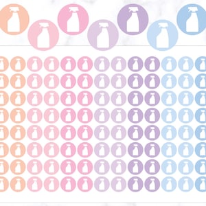 Puede incluir: Una hoja de 100 pegatinas redondas con un icono de botella de spray blanco sobre un fondo degradado. Las pegatinas son de tres colores: melocotón, rosa y azul claro.