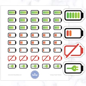 May include: Sheet of energy tracker stickers featuring battery icons in various states of charge, from full green to empty red, and a crossed-out red battery. Includes a green plug icon. Text on the sheet reads "Energy Tracker Stickers" and "stickersbyashleyk.com".