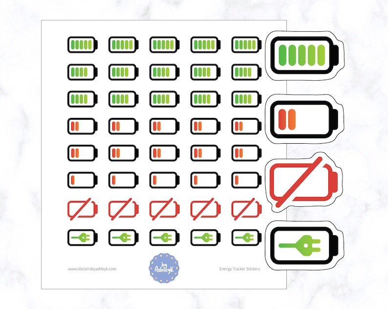 May include: Sheet of energy tracker stickers featuring battery icons in various states of charge, from full green to empty red, and a crossed-out red battery. Includes a green plug icon. Text on the sheet reads "Energy Tracker Stickers" and "stickersbyashleyk.com".