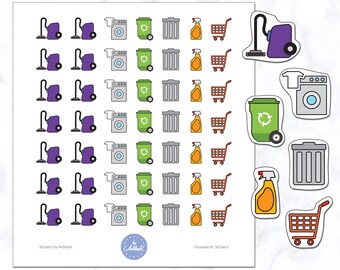 Housework Stickers | Cleaning Stickers | Planner Stickers | Diary Stickers | Journal Stickers - Vacuum, Laundry, Recycle, Trash Bin, Spray