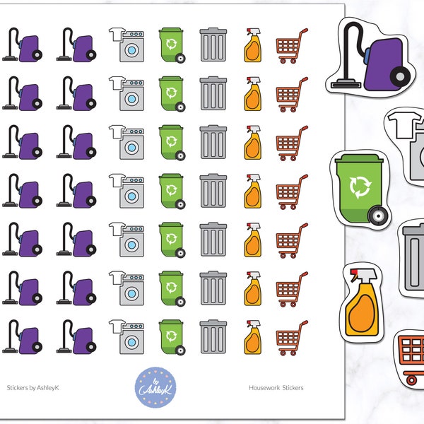 Huishoudelijke stickers | Reinigingsstickers | Plannerstickers | Dagboekstickers | Tijdschriftstickers - Vacuüm, Wasserij, Recycle, Prullenbak, Spray