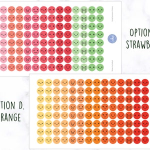 Puede incluir: Dos hojas de papel de pegatinas de colores con una variedad de caras de emoji. La primera hoja tiene un degradado de rosa, naranja y verde. La segunda hoja tiene un degradado de amarillo, naranja y rojo. El texto "OPCION C. FRESA" est&aacute; impreso en la primera hoja y "OPCION D. NARANJA" est&aacute; impreso en la segunda hoja.