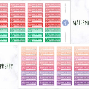 K&ouml;nnte beinhalten: Ein Blatt mit 20 bunten Kopfschmerz-Tracker-Aufklebern. Die Aufkleber sind in verschiedenen Farben, darunter Rot, Gr&uuml;n, Pink, Orange und Lila. Jeder Aufkleber hat ein Cartoon-Wassermelonen- oder Himbeer-Design und den Text "HEADACHE TRACKER" mit einem Platz zum Markieren des Datums.