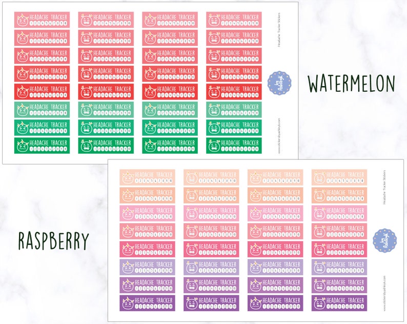 K&ouml;nnte beinhalten: Ein Blatt mit 20 bunten Kopfschmerz-Tracker-Aufklebern. Die Aufkleber sind in verschiedenen Farben, darunter Rot, Gr&uuml;n, Pink, Orange und Lila. Jeder Aufkleber hat ein Cartoon-Wassermelonen- oder Himbeer-Design und den Text "HEADACHE TRACKER" mit einem Platz zum Markieren des Datums.