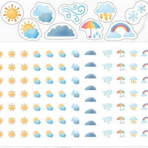 K&ouml;nnte beinhalten: Eine Blatt mit Aquarell-Wetteraufklebern mit verschiedenen Wetter-Icons, darunter Sonne, Wolken, Wind, Regen, Blitz und Regenbogen. Die Aufkleber sind in Reihen und Spalten auf einem wei&szlig;en Hintergrund angeordnet.