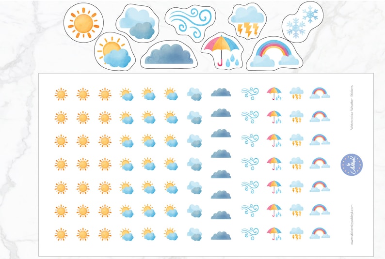 K&ouml;nnte beinhalten: Eine Blatt mit Aquarell-Wetteraufklebern mit verschiedenen Wetter-Icons, darunter Sonne, Wolken, Wind, Regen, Blitz und Regenbogen. Die Aufkleber sind in Reihen und Spalten auf einem wei&szlig;en Hintergrund angeordnet.