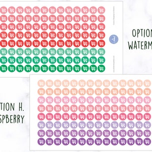 May include: Two sheets of sticker paper with 100 shopping cart stickers each. The stickers are in three color gradients: red, green, and pink. The stickers are labeled "Option G. Watermelon" and "Option H. Raspberry".