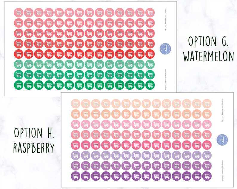 May include: Two sheets of sticker paper with 100 shopping cart stickers each. The stickers are in three color gradients: red, green, and pink. The stickers are labeled "Option G. Watermelon" and "Option H. Raspberry".