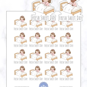 May include: Sheet stickers featuring illustrations of people in bed, with the text "FRESH SHEET DAY". The stickers depict a person in pink pajamas making a bed with a white sheet. The stickers are in a variety of sizes and arrangements.