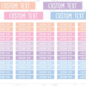 May include: A printable sheet of customizable labels with a pastel color scheme. The labels are in rows of five and are in shades of pink, purple, blue, and light blue. Each label says "CUSTOM TEXT".