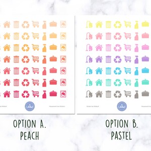 May include: Two sheets of stickers with different color schemes. The left sheet has a peach color scheme and the right sheet has a pastel color scheme. Each sheet has 8 rows of 8 icons, each icon representing a household chore. The icons include a vacuum cleaner, a house, a trash can, a recycling symbol, a shopping cart, a spray bottle, a pot, and a washing machine.