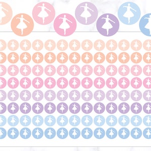 May include: A sheet of colourful round stickers featuring a white silhouette of a ballerina in a variety of pastel colours, including pink, purple, blue, and peach.