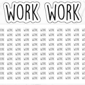 Op de afbeelding: Een vel met 221 planner stickers met het woord "WORK" herhaald in zwarte tekst op een witte achtergrond.