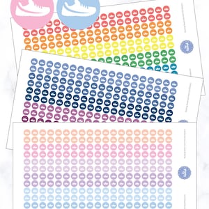 May include: Sheets of dot stickers featuring a white running shoe silhouette. The stickers are arranged in rows and columns, with each sheet displaying a different colour gradient, including rainbow, blue, and pastel shades. The top left corner shows a pink and blue circle with a running shoe.