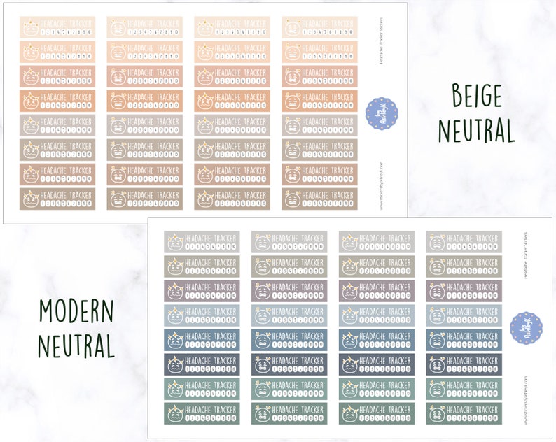 K&ouml;nnte beinhalten: Ein Satz bedruckbarer Aufkleber zum Verfolgen von Kopfschmerzen in den Farbschemata Beige, Blau und Gr&uuml;n. Die Aufkleber haben ein schlichtes Design mit dem Text "HEADACHE TRACKER" und einem Platz zum Aufzeichnen von Kopfschmerzvorkommen.