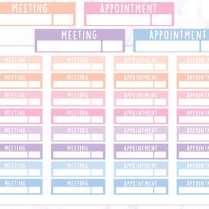 May include: A selection of pastel-coloured planner stickers, featuring the words "MEETING" and "APPOINTMENT" in white. The stickers are in shades of peach, pink, lilac, and blue, with space for notes.