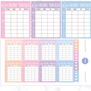 Puede incluir: Una hoja de pegatinas de seguimiento de calorías en rosa, morado y azul. Cada pegatina tiene un diseño semanal para rastrear calorías, carbohidratos, grasas y proteínas. Las pegatinas están diseñadas para usar en un planificador o diario.