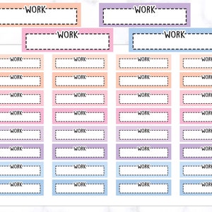 May include: A printable sheet of 24 colourful task boxes with a dashed border. Each box has the word "WORK" written inside. The boxes are in four colours: peach, pink, purple, and light blue.