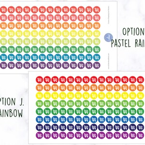 May include: Two sheets of sticker paper with colorful shopping cart stickers. The top sheet has pastel rainbow colors and the bottom sheet has bright rainbow colors. Both sheets have the text "Option I. Pastel Rainbow" and "Option J. Rainbow" respectively.