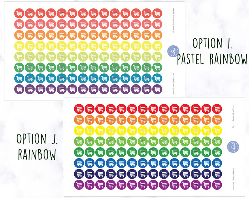May include: Two sheets of sticker paper with colorful shopping cart stickers. The top sheet has pastel rainbow colors and the bottom sheet has bright rainbow colors. Both sheets have the text "Option I. Pastel Rainbow" and "Option J. Rainbow" respectively.