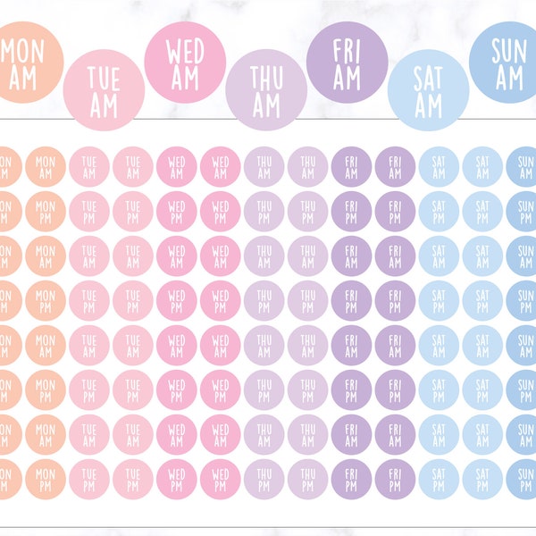 Days AM PM Round Planner Stickers | Days Dots Stickers | Days Planner Stickers | Journal Stickers | Diary Stickers | Am Pm Planner Stickers