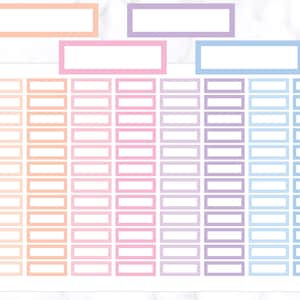 May include: A sheet of printable planner stickers with blank rectangular boxes in four different pastel colours: peach, pink, lavender, and light blue.