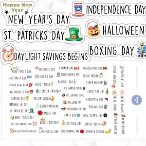 Yearly Public Holiday with Icons Planner Stickers | Australian Public Holiday Stickers | US Holiday Planner Stickers | Journal Stickers