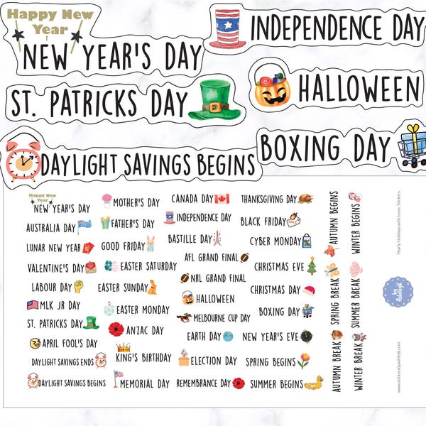 Yearly Public Holiday with Icons Planner Stickers | Australian Public Holiday Stickers | US Holiday Planner Stickers | Journal Stickers